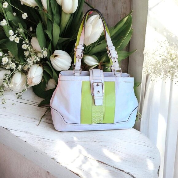 Vintage COACH Hamilton green and white Satchel with Buckle clasp